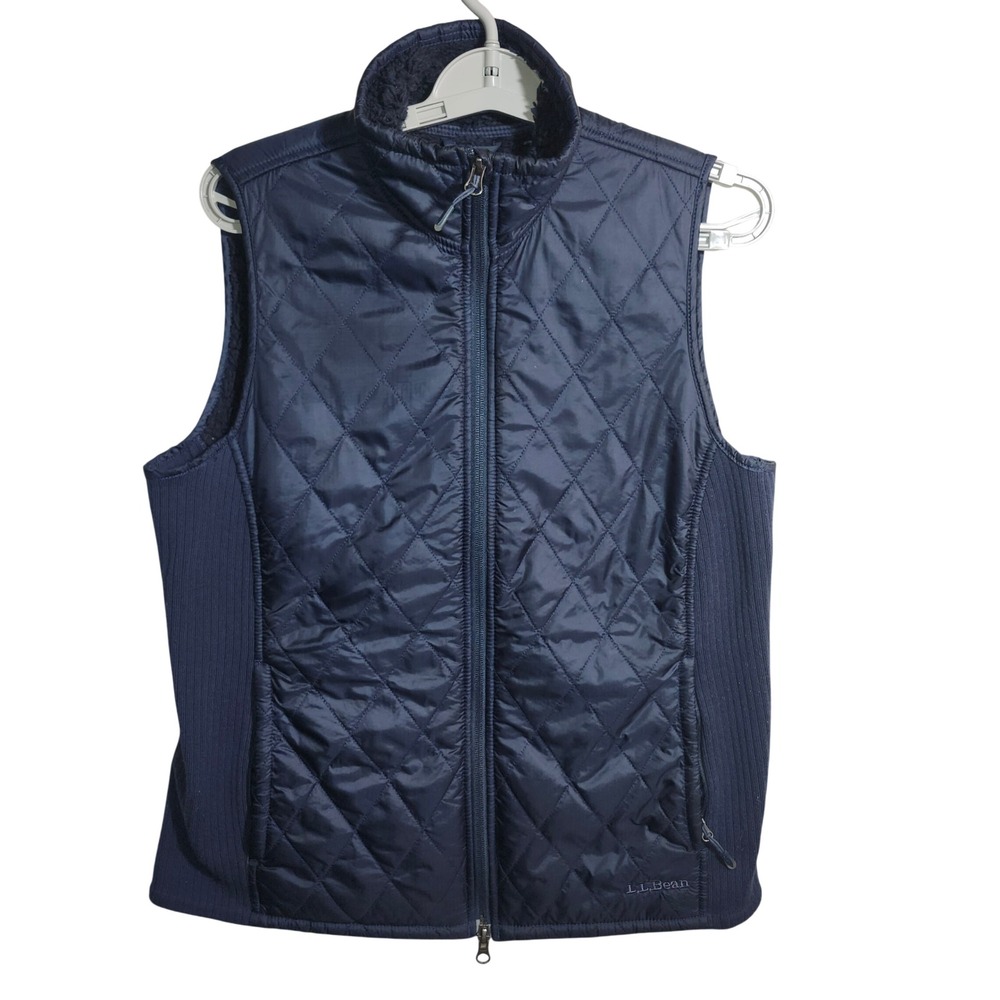 LL Bean Womens Quilted Sherpa Lined Vest Navy Blue Ribbed Side Panels 291762 M